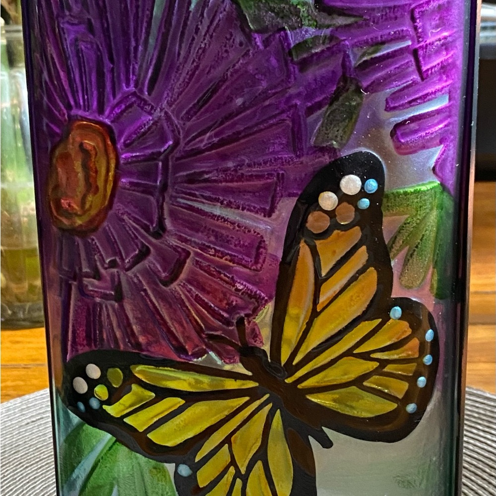 Garden Butterfly Solar Lantern Purple and Yellow Glass Art